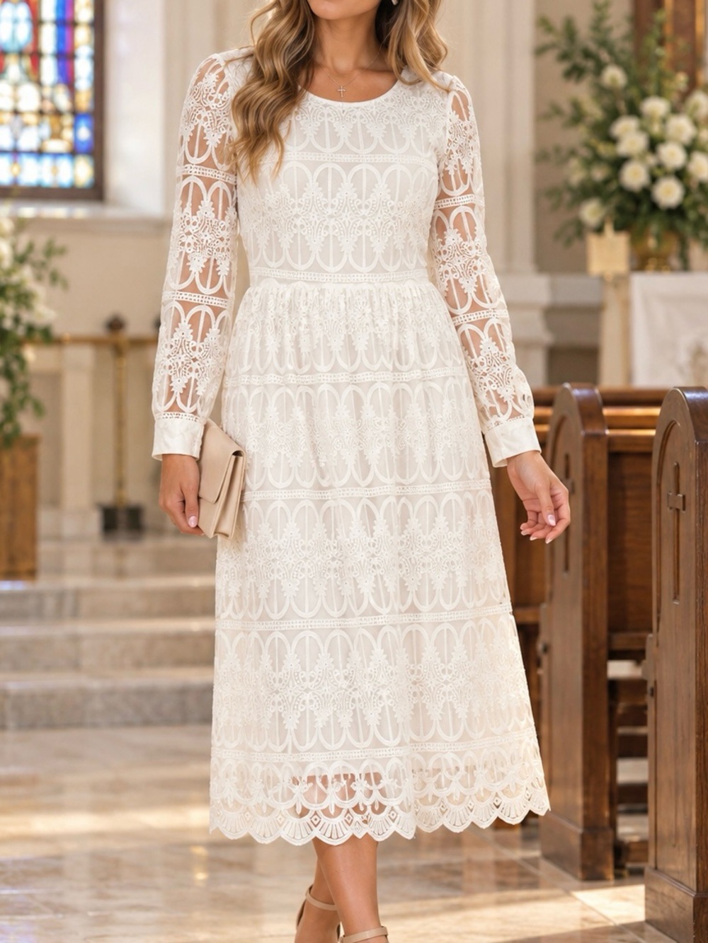 SHEIN White Embroidered Lace Long Sleeve Midi Dress Women’s Size M Elegant
